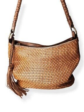 Patricia Nash Woven Leather Brown Bucket Shoulder Bag with Tassel